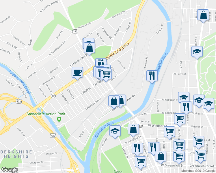map of restaurants, bars, coffee shops, grocery stores, and more near 1154 Schuylkill Avenue in Reading