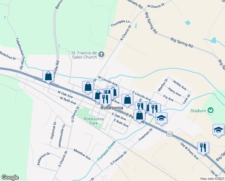 map of restaurants, bars, coffee shops, grocery stores, and more near 103 North Robeson Street in Reading