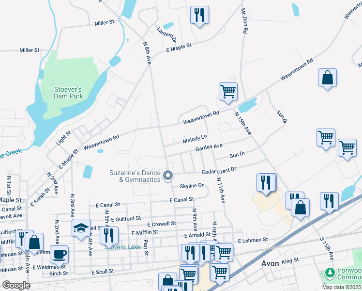 map of restaurants, bars, coffee shops, grocery stores, and more near 840 Melody Lane in Lebanon