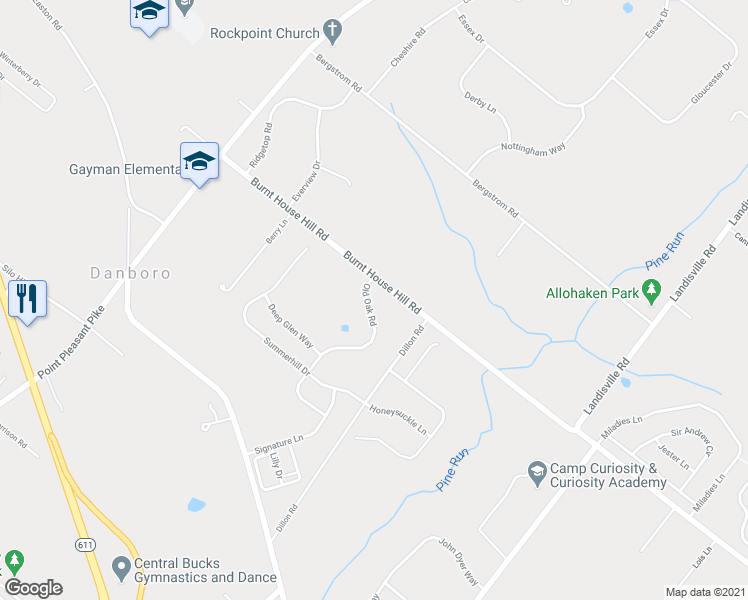 map of restaurants, bars, coffee shops, grocery stores, and more near 4639 Old Oak Road in Doylestown