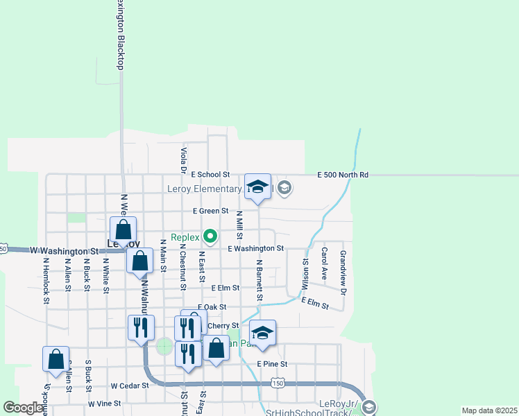 map of restaurants, bars, coffee shops, grocery stores, and more near 805 North Barnett Street in Le Roy