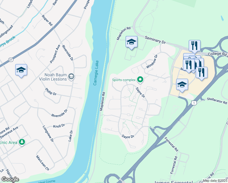map of restaurants, bars, coffee shops, grocery stores, and more near 234 Sayre Drive in Princeton