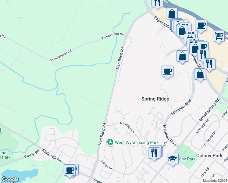 map of restaurants, bars, coffee shops, grocery stores, and more near 1745 Van Reed Road in Sinking Spring
