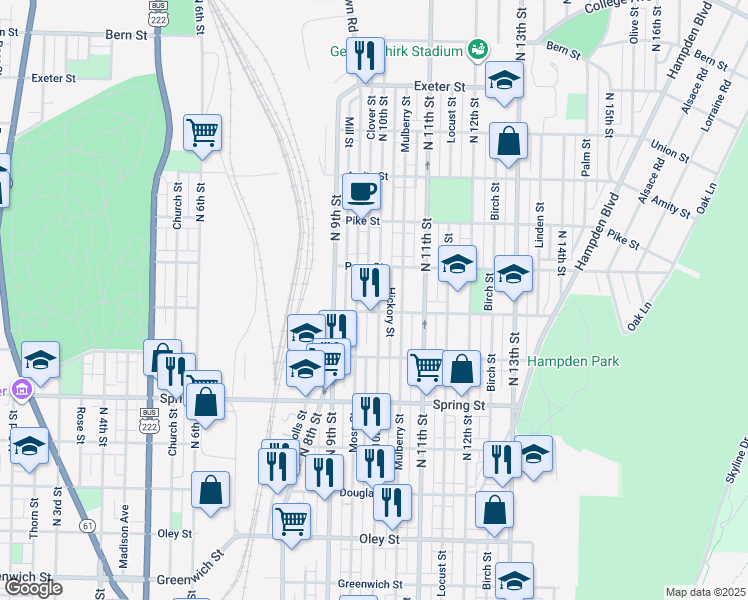 map of restaurants, bars, coffee shops, grocery stores, and more near 1212 North 10th Street in Reading