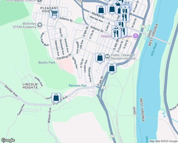 map of restaurants, bars, coffee shops, grocery stores, and more near 525 Hermenia Avenue in Steubenville