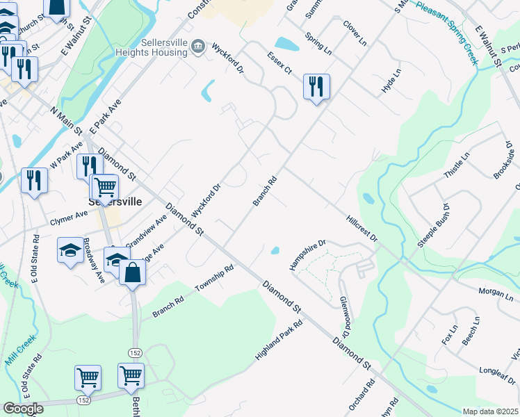 map of restaurants, bars, coffee shops, grocery stores, and more near 314 East Branch Road in Sellersville