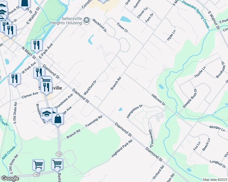 map of restaurants, bars, coffee shops, grocery stores, and more near 314 East Branch Road in Sellersville