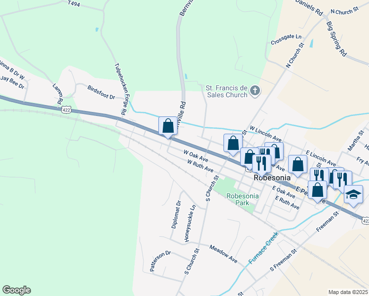 map of restaurants, bars, coffee shops, grocery stores, and more near 348 W Penn Ave in Robesonia