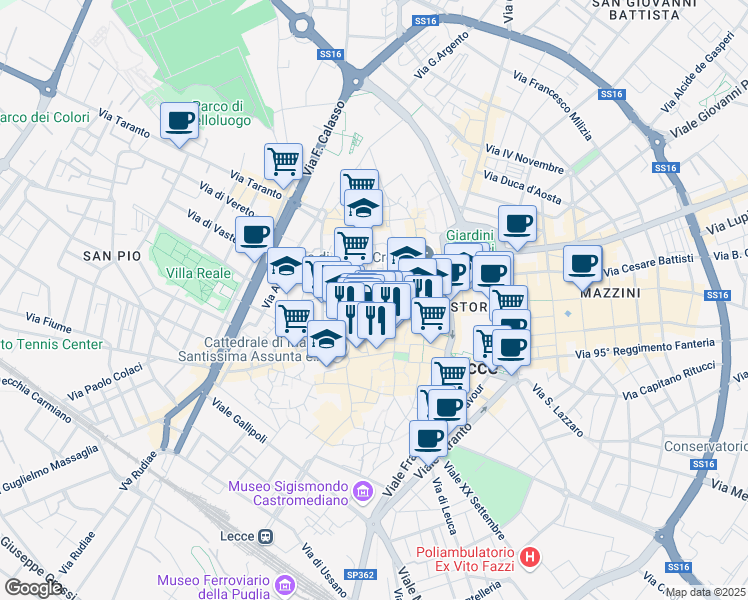 map of restaurants, bars, coffee shops, grocery stores, and more near 30 Via Augusto Imperatore in Lecce