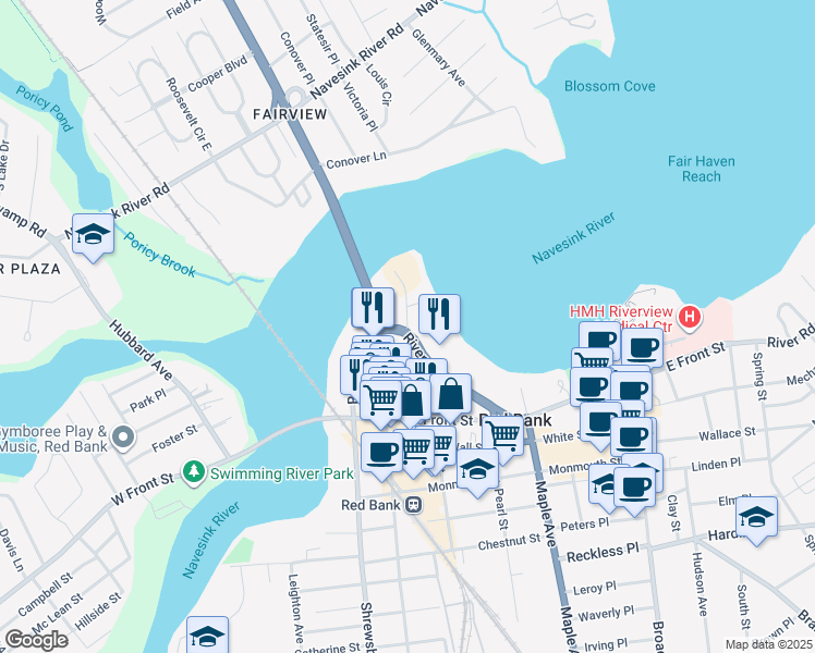 map of restaurants, bars, coffee shops, grocery stores, and more near 57 Morford Place in Red Bank