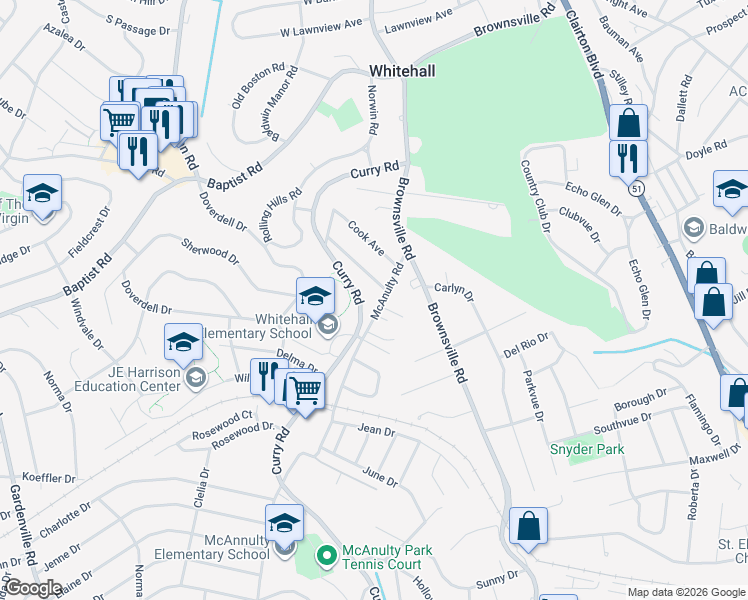 map of restaurants, bars, coffee shops, grocery stores, and more near 4827 McAnulty Road in Pittsburgh