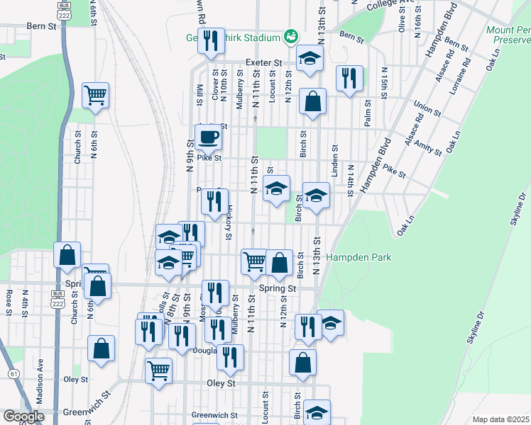 map of restaurants, bars, coffee shops, grocery stores, and more near 1214 Locust Street in Reading