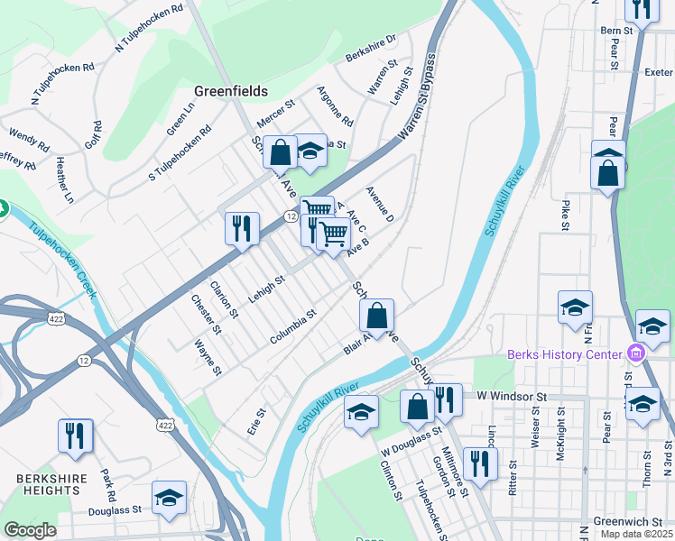 map of restaurants, bars, coffee shops, grocery stores, and more near 1218 Schuylkill Avenue in Reading