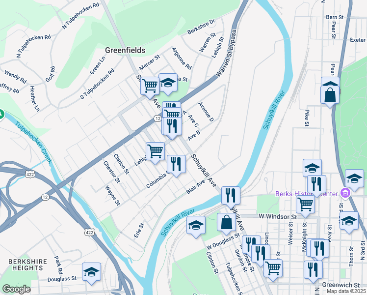 map of restaurants, bars, coffee shops, grocery stores, and more near 1218 Schuylkill Avenue in Reading