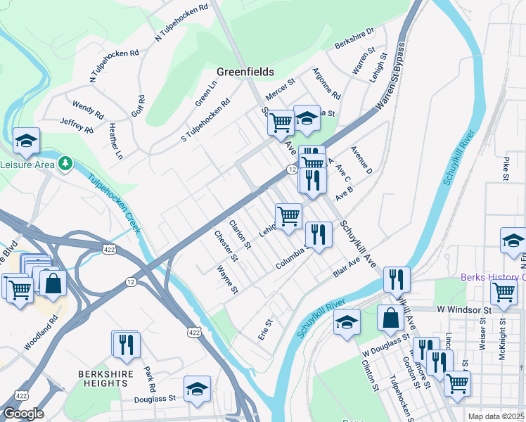map of restaurants, bars, coffee shops, grocery stores, and more near 1301 Allegheny Avenue in Reading