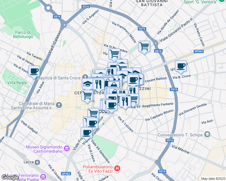 map of restaurants, bars, coffee shops, grocery stores, and more near 32 Via Salvatore Trinchese in Lecce