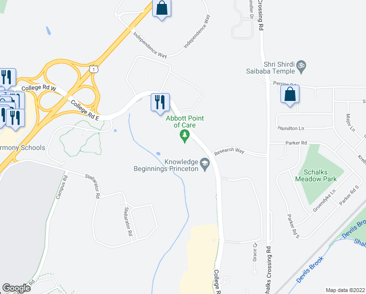 map of restaurants, bars, coffee shops, grocery stores, and more near 400 College Road East in Princeton