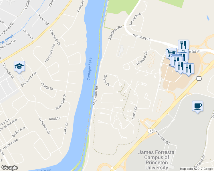 map of restaurants, bars, coffee shops, grocery stores, and more near 234 Sayre Drive in Princeton