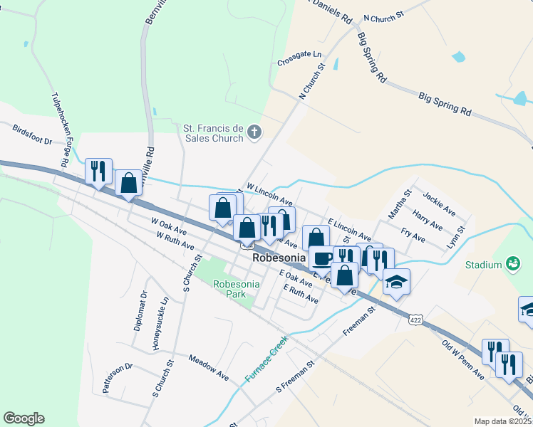 map of restaurants, bars, coffee shops, grocery stores, and more near 104 West Lincoln Avenue in Robesonia