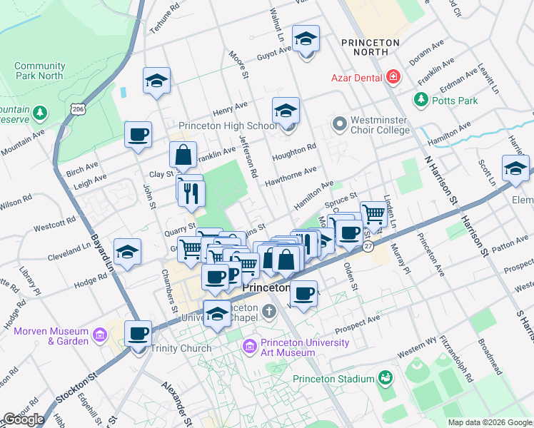 map of restaurants, bars, coffee shops, grocery stores, and more near 92 Moore Street in Princeton