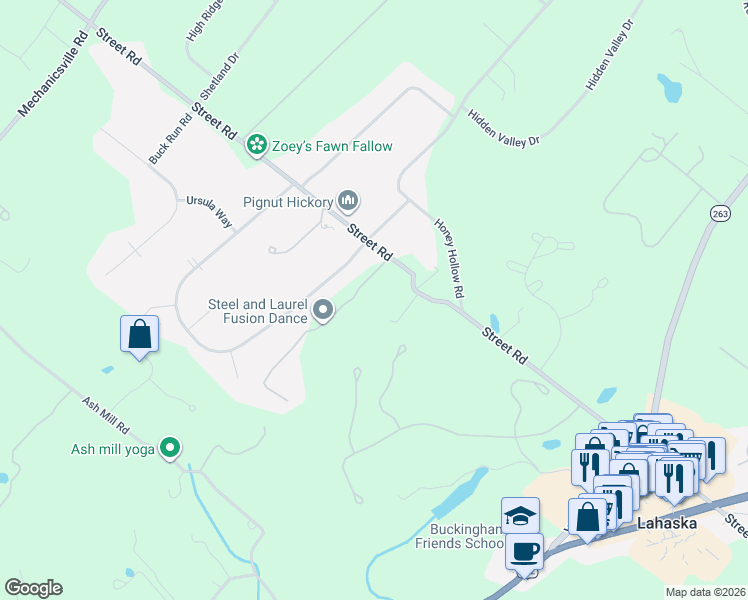 map of restaurants, bars, coffee shops, grocery stores, and more near 5885 Private Road in Lahaska