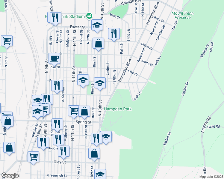 map of restaurants, bars, coffee shops, grocery stores, and more near 1210 North 14th Street in Reading