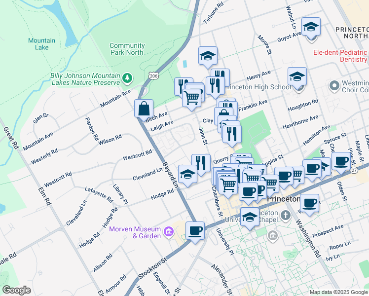 map of restaurants, bars, coffee shops, grocery stores, and more near 334 South Stanworth Drive in Princeton