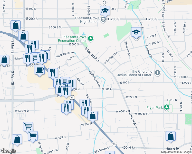 map of restaurants, bars, coffee shops, grocery stores, and more near 827 Apple Grove Lane in Pleasant Grove