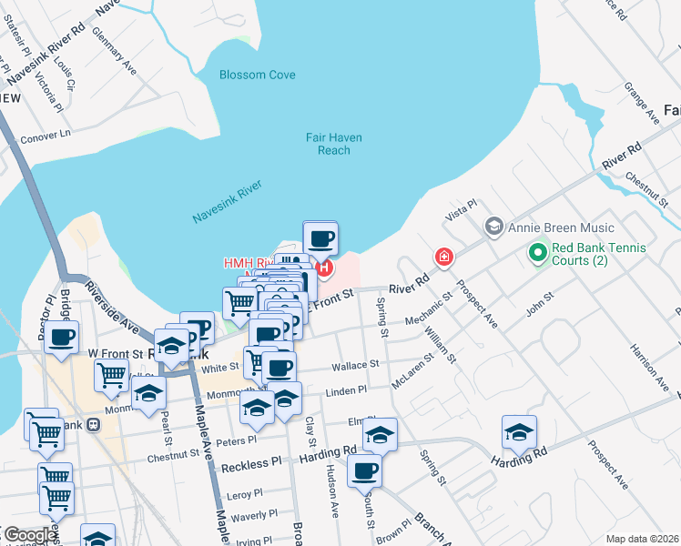 map of restaurants, bars, coffee shops, grocery stores, and more near North Washington Street in Red Bank