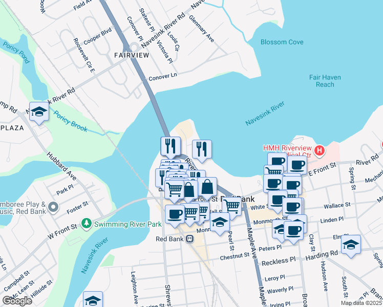 map of restaurants, bars, coffee shops, grocery stores, and more near 130 Bodman Place in Red Bank