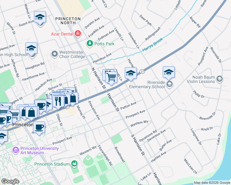 map of restaurants, bars, coffee shops, grocery stores, and more near 366 Nassau Street in Princeton