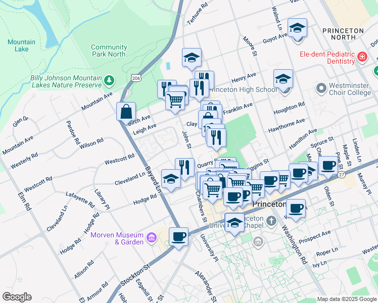 map of restaurants, bars, coffee shops, grocery stores, and more near 201 John Street in Princeton