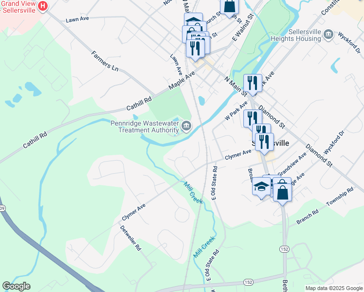 map of restaurants, bars, coffee shops, grocery stores, and more near 180 Maple Avenue in Sellersville