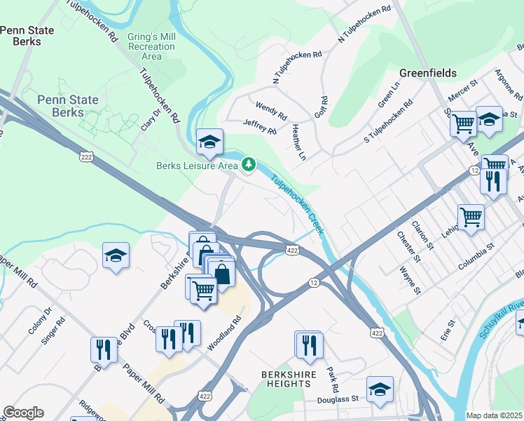map of restaurants, bars, coffee shops, grocery stores, and more near 1800 Tulpehocken Road in Wyomissing