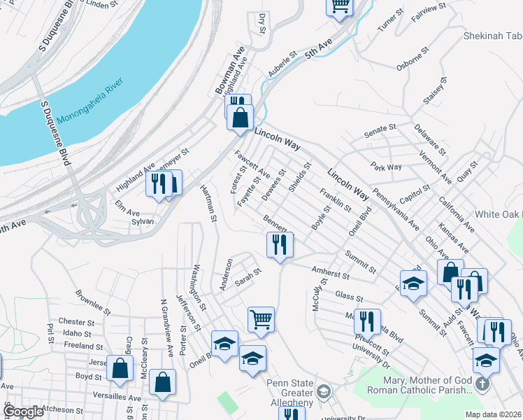 map of restaurants, bars, coffee shops, grocery stores, and more near 708 Summit Street in McKeesport