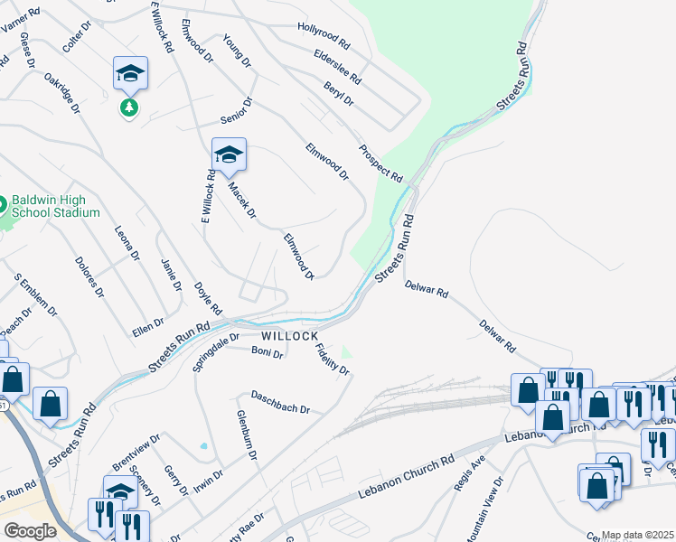 map of restaurants, bars, coffee shops, grocery stores, and more near 5227 Elmwood Drive in Pittsburgh