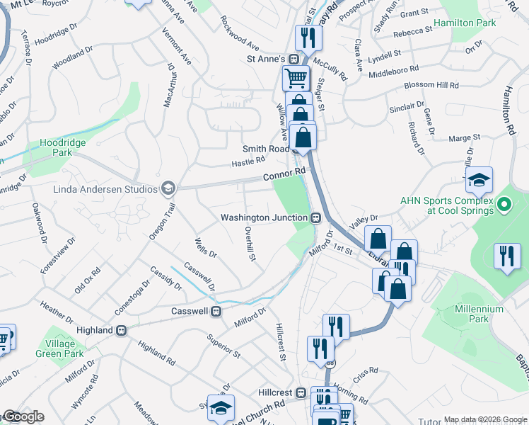 map of restaurants, bars, coffee shops, grocery stores, and more near 1052 Franklin Drive in Bethel Park