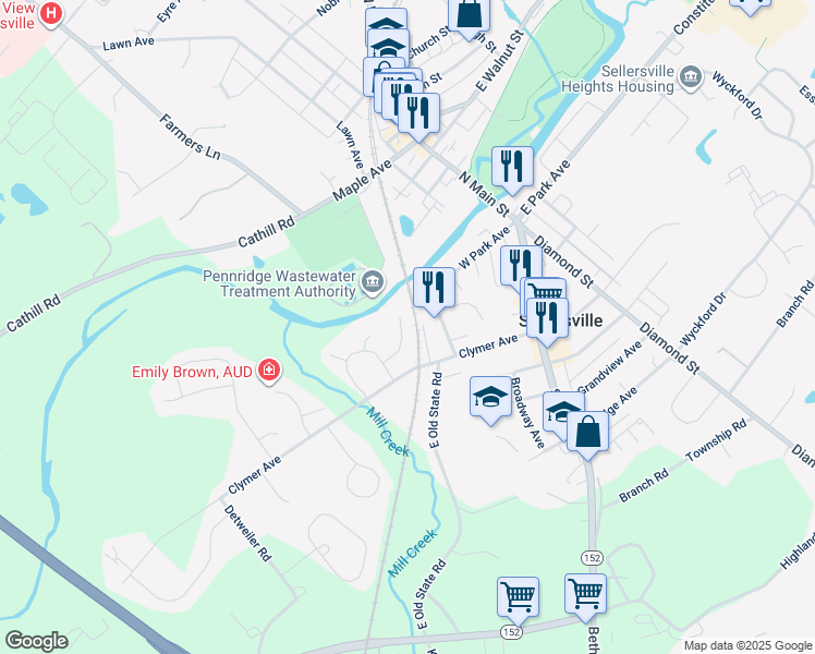map of restaurants, bars, coffee shops, grocery stores, and more near 239 Grove Circle in Sellersville