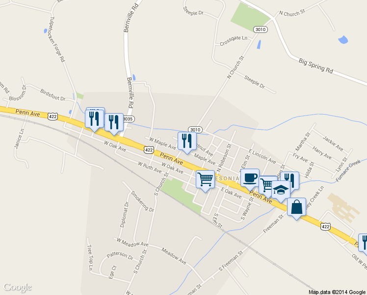 map of restaurants, bars, coffee shops, grocery stores, and more near 32 N Church St in Robesonia