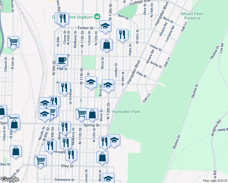map of restaurants, bars, coffee shops, grocery stores, and more near 1324 Perry Street in Reading