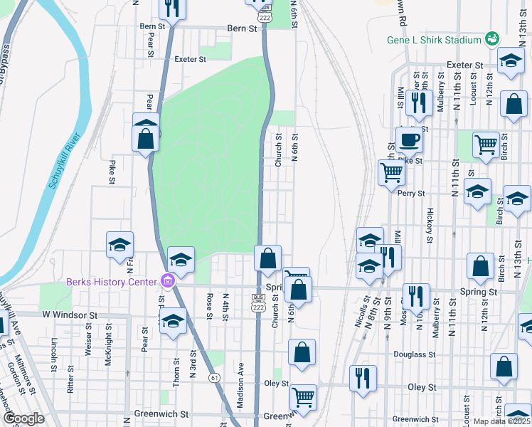 map of restaurants, bars, coffee shops, grocery stores, and more near 1229 North 5th Street in Reading