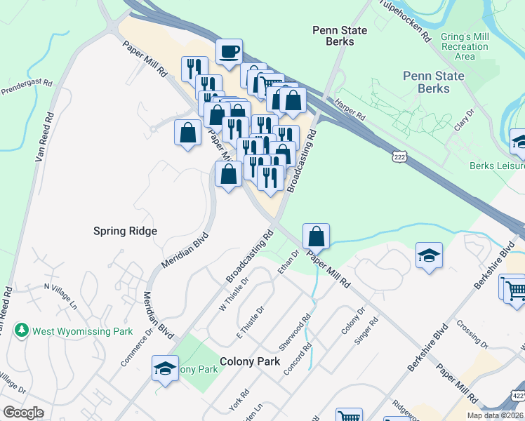 map of restaurants, bars, coffee shops, grocery stores, and more near Paper Mill Road in Reading