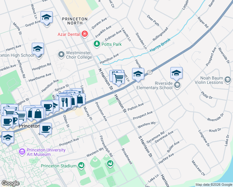 map of restaurants, bars, coffee shops, grocery stores, and more near 345 Nassau Street in Princeton