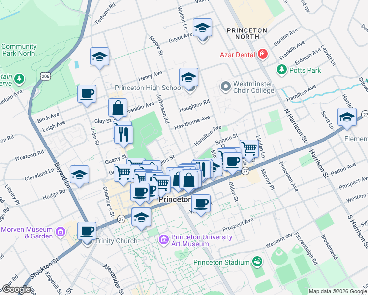 map of restaurants, bars, coffee shops, grocery stores, and more near 62 Wiggins Street in Princeton