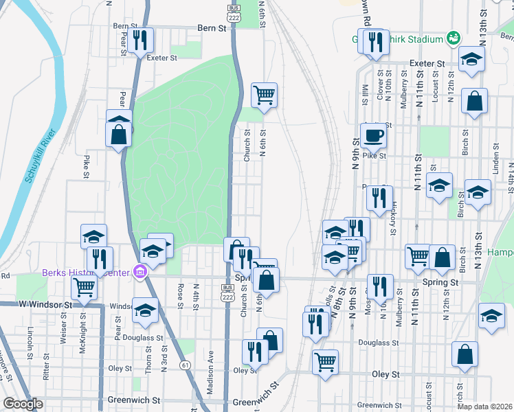 map of restaurants, bars, coffee shops, grocery stores, and more near 1232 North 6th Street in Reading