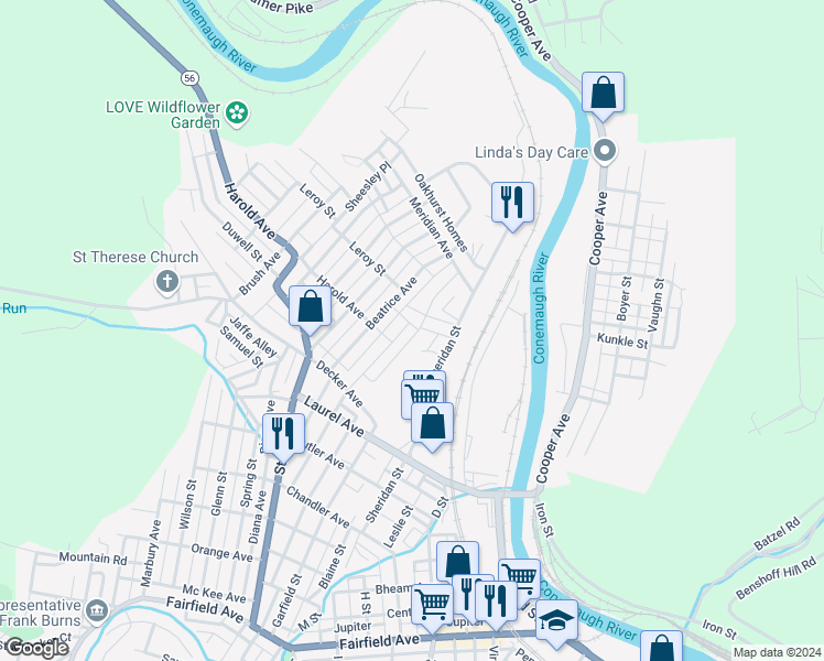 map of restaurants, bars, coffee shops, grocery stores, and more near 464 Stone Street in Johnstown