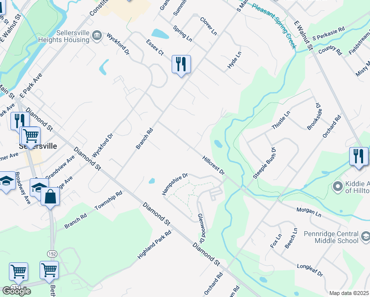 map of restaurants, bars, coffee shops, grocery stores, and more near 536 Hillcrest Drive in Perkasie