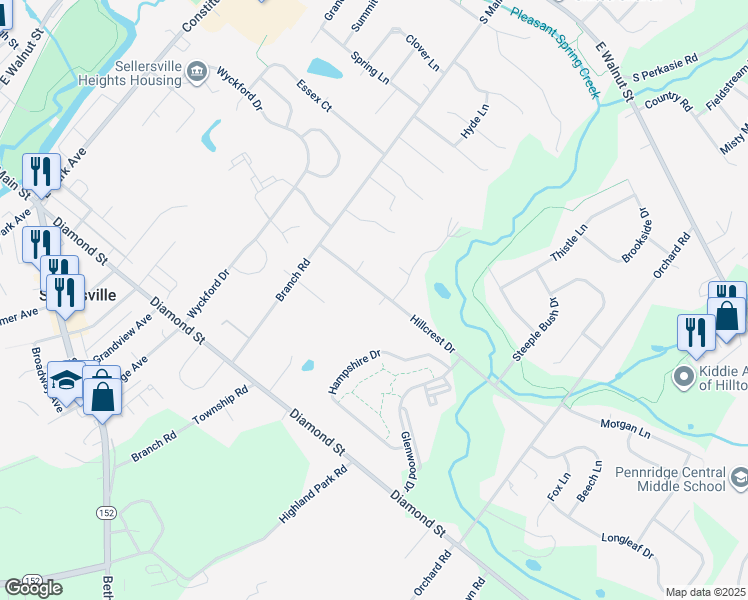 map of restaurants, bars, coffee shops, grocery stores, and more near 536 Hillcrest Drive in Perkasie
