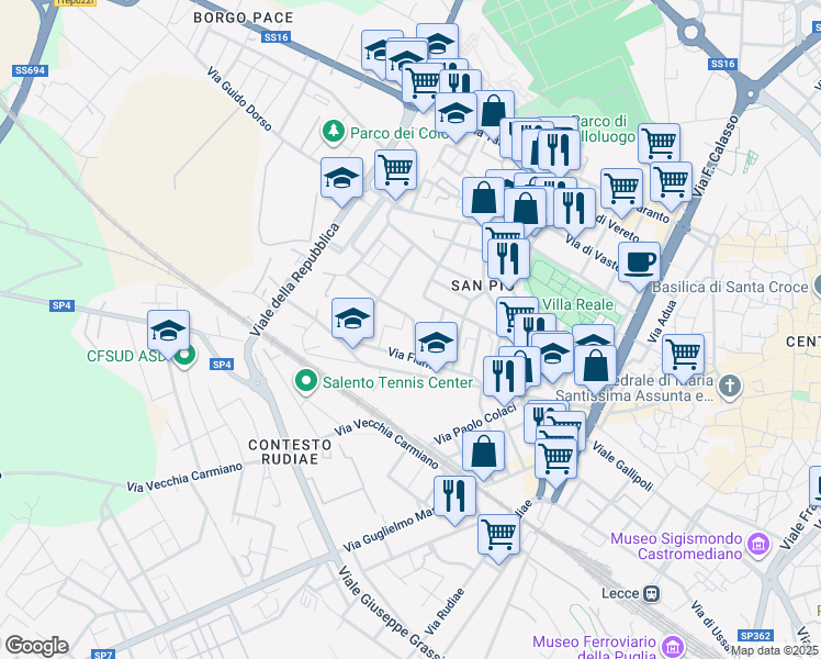 map of restaurants, bars, coffee shops, grocery stores, and more near 22 Via Ettore D'Amore in Lecce