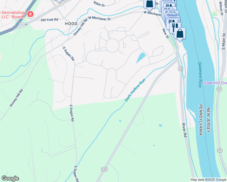 map of restaurants, bars, coffee shops, grocery stores, and more near 107 Hidden Court in New Hope